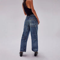 Women's Loose Straight Drawstring Splash-ink Design Casual Jeans