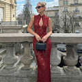 Sexy Figure-hugging Lace Sleeveless Dress With A Slit And Cutout Details