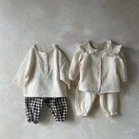 Lace Lapel Plaid Long-sleeved Shirt With Pants
