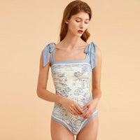 Vintage French Double Sided Print Slim One-Piece Swimsuit
