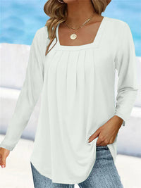 Women's Pleated Square Collar Long Sleeve Imitation Cotton Large Size T-shirt