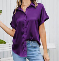 Multicolor Silk Short Sleeve Satin Button Shirt Casual Loose Top