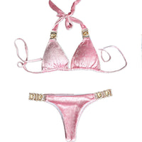 Crystal Diamond Gold Velvet Women's Split Swimsuit