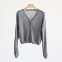 Spring And Summer V-neck Short Tencel Knitted Cardigan Pure Color All-matching