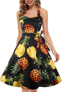 Womens Neck-Hanging Tube Top Sleeveless Printed Retro Maxi Dress