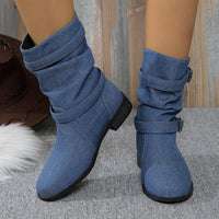 Square Heel Round Toe Women's Denim Leather Boots