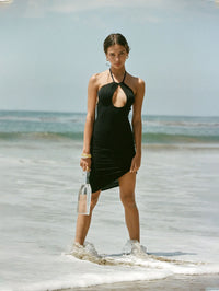 Womens Solid-Color Backless Hollow-Out Halter Dress