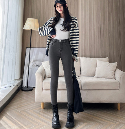 Fleece-lined Base High Waist Black Tight Trousers Skinny Pants