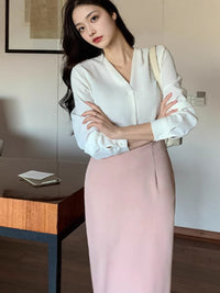 V-neck Long Sleeve Loose Korean Style Summer Business Chiffon Blouse Women