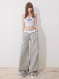 Womens High-waisted Straight-leg Pants With Lace Trim And Patchwork