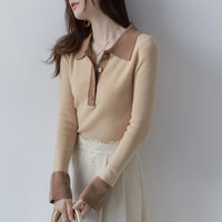 French Style Polo Collar Knitted Bottoming Shirt Long Sleeve Contrast Color Slim Fit Sweater