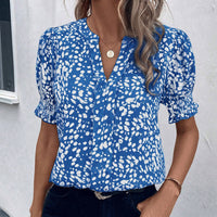 Women's Casual V-Neck Printed Pleated Short-Sleeve Chiffon Blouse