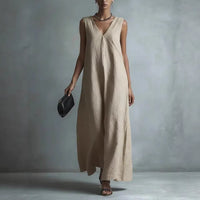 Women's Casual V-Neck Sleeveless Cotton-Linen Dress