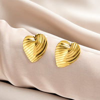 Oval Stainless Steel Earrings, Trendy Geometric Heart Texture, 18K Gold Plated Ear Studs, Titanium Steel