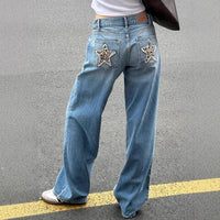 Retro Street Leopard Print XINGX Patchwork Stitching Straight Jeans