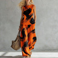 Women's Casual Sleeveless Printed Wide-Leg Pants Two-Piece Set