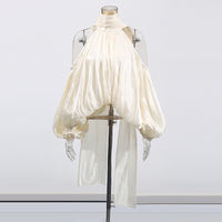 French Style Temperament Bow Lace-up Off-shoulder Chiffon Shirt Women's New Sweet Halter Puff Sleeve Loose Top