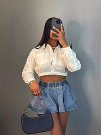 Women's Fashion All-matching Solid Color High Waist Crimp Denim Skirt