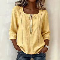 Printed Lace-Up Square-Neck Mid-Sleeve Womens Shirt