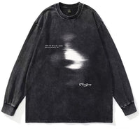 American Style Distressed 230g Heavy Cotton Round Neck Long Sleeves T-shirt
