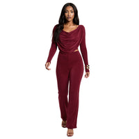 Solid-color Casual Boat-neck Long-sleeve Top And Slim-fit Pants Set