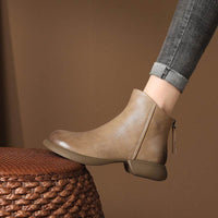 Genuine Leather Retro Western Style Short Boots Women's Autumn Back Zipper