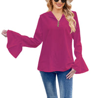 Lotus Leaf Shirt Solid Color T-shirt V-neck Button Women's Top