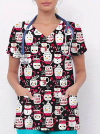 Plus Size Women's Vibrant Print Scrub Top Casual V-Neck Short Sleeve