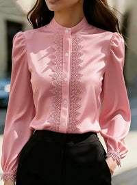 Satin Lace-Patchwork Stand-Collar Shirt Top For Women