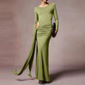Womens Round-Neck Long-Sleeve Pleated Green Sheath Dress