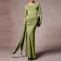 Womens Round-Neck Long-Sleeve Pleated Green Sheath Dress