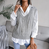 European And American Hollowed Out Twist V-neck Knitted Vest Sweater