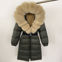 Women's Long Cinched Hoodie Real Fox Fur Collar Coat