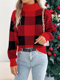 Casual Color Block Plaid Lantern Sleeve High Neck Sweater