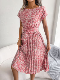 Women   Casual Short Sleeve Floral Print Flowy Pleated Skirt