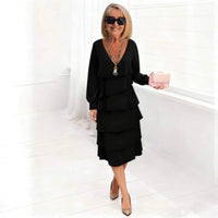 Women's Long-sleeve V-neck Tiered Dress