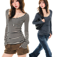 Womens Slim-Fit Long-Sleeve Striped T-Shirt In American Style