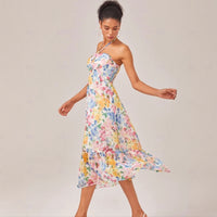 Vacation Floral Print Slip Dress Chiffon Halter Maxi Dress