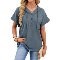 Womens Waffle-Weave Hooded Drawstring Short-Sleeve Top With Buttons