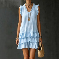 Women's Casual V-Neck Ruffle-Trim Sleeveless Dress