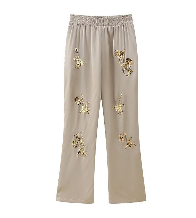 Women's Embroidered Beads Long Sleeve Trousers Suit