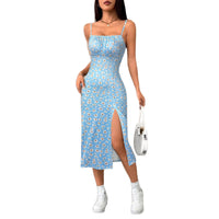 Summer Fashion Printed Strap Pleated Slit Dress Womens Wear