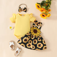 Baby Girl Sunflower Suspender Skirt Short Sleeve Top Suit Solid Color