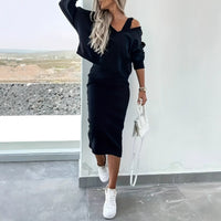 Womens Solid Color V-Neck Long-Sleeve Top And Casual Dress Two-Piece Set