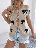 Womens Casual Sexy Color Block Bow Tie Knit Vacation Cardigan