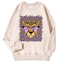 Womens Casual Loose Fleece-Backed Sweatshirt With Leopard Print