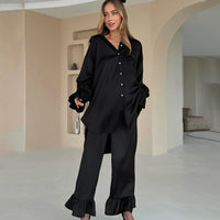 Womens Flounce-Trimmed Loose Long-Sleeve Top And Pants Two-Piece Set