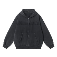 Embroidered Letters Washed And Worn Fleece Cardigan Sweatshirt