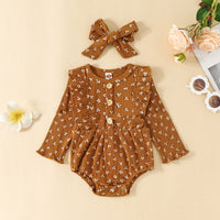 Girls' Fashion Simple Cotton Sunken Stripe Full Printing Long-sleeved Triangle Romper
