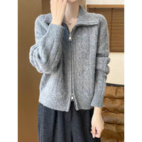 Womens Twist-Open Cardigan With Double Zippers And Lapel Collar